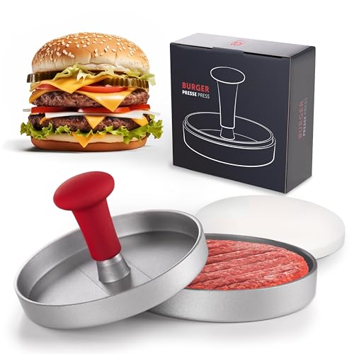 Blumtal Premium Burger-Presse mit Antihaftbeschichtung und Demontierbarem Griff - Inklusive 50 Blatt Packpapier, Robuste Aluminium-Konstruktion, Perfekt für BBQ und Grill-Fans