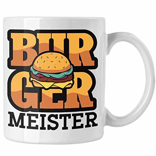 Trendation - Burger Meister Tasse Geschenk Spruch Grillen Sommer Burger Liebhaber Geschenkidee Cheeseburger (Weiß)