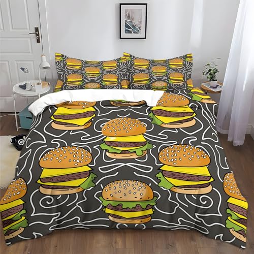 Cheeseburger-Linien Bettwäsche-Sets 220x240 cm Grau Bettwäsche Weiche Mikrofaser Allergiker 3 Teilig Bettbezug mit Reißverschluss für Teenager Erwachsene