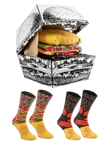 Rainbow Socks - Hamburger Box Socks - Damen Herren Lustige Cheeseburger Socken in Box - Novelty Geschenk Socken für Burger- und Fast-Food-Liebhaber - 2 Paar - Größen EU 41-46